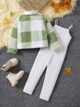 Young Girl 2-Piece Set: Plaid Fleece Zip-Up Jacket With Pockets And Bib Pants, Fall/Winter